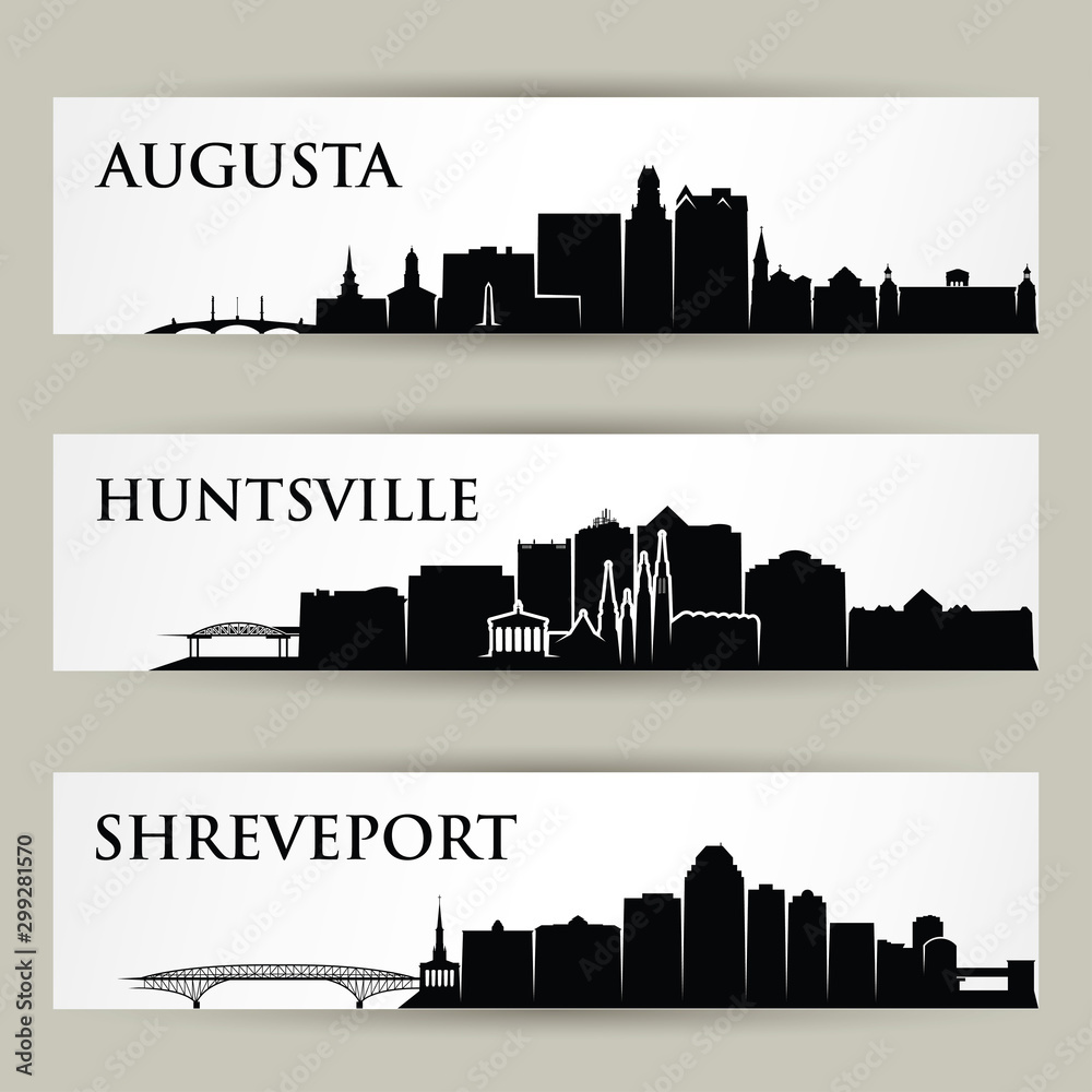 Naklejka premium United States of America cities skylines - Augusta, Huntsville, Shreveport, Georgia, Alabama, Louisiana - isolated vector illustration
