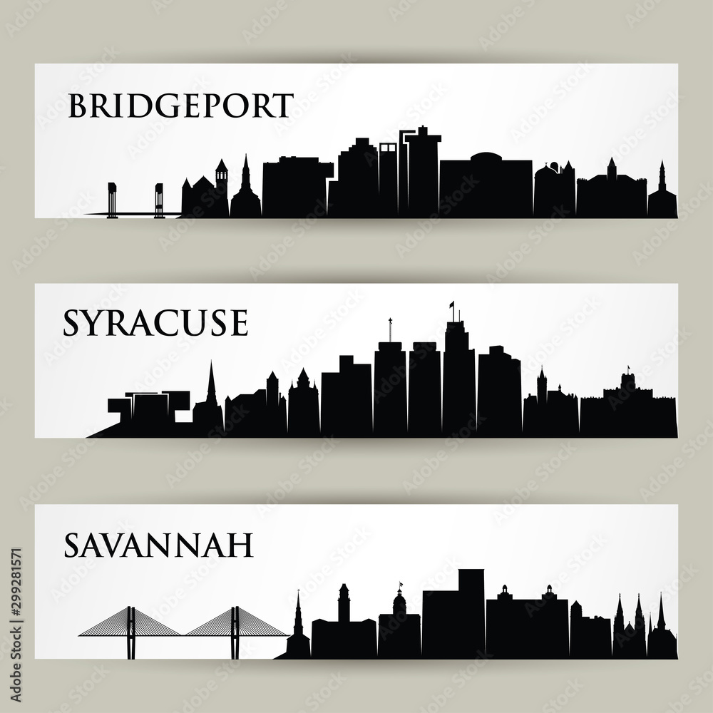 United States of America cities skylines - USA, Bridgeport, Connecticat, Savannah, Georgia Syracuse, New York - isolated vector illustration