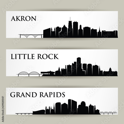 United States of America cities skylines - Akron, Little Rock, Grand Rapids, USA, Ohio, Arkansas, Michigan - isolated vector illustration