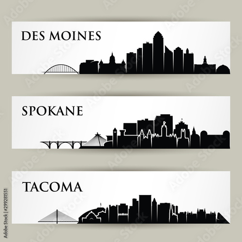 United States of America cities skylines - USA - Des Moines, Spokane, Tacoma, Iowa, Washington - isolated vector illustration