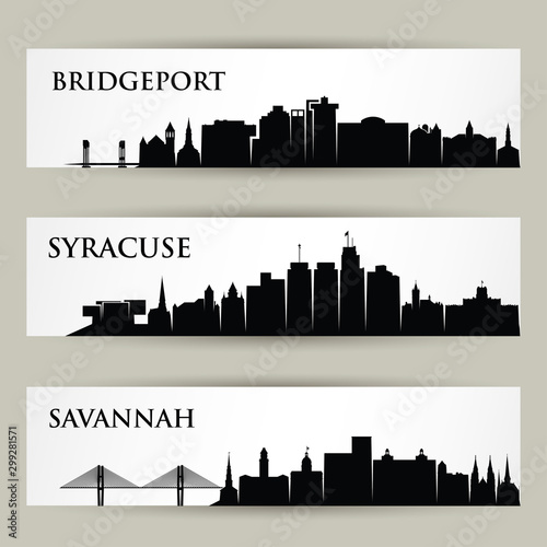 United States of America cities skylines - USA  Bridgeport  Connecticat  Savannah  Georgia Syracuse  New York - isolated vector illustration