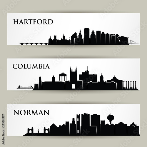 United States of America cities skylines - Hartford, Connecticut, Columbia, Missouri, Norman, Oklahoma - isolated vector illustration