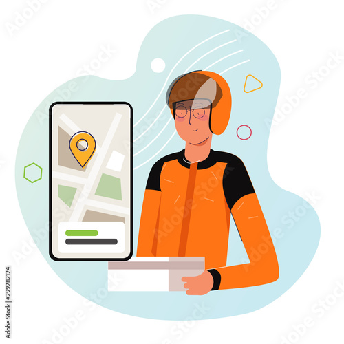 Courier from motorcycle ride-hailing service in China Asia sending box of food to customer. Wearing orange jacket and helmet with smart phone app with map pointer