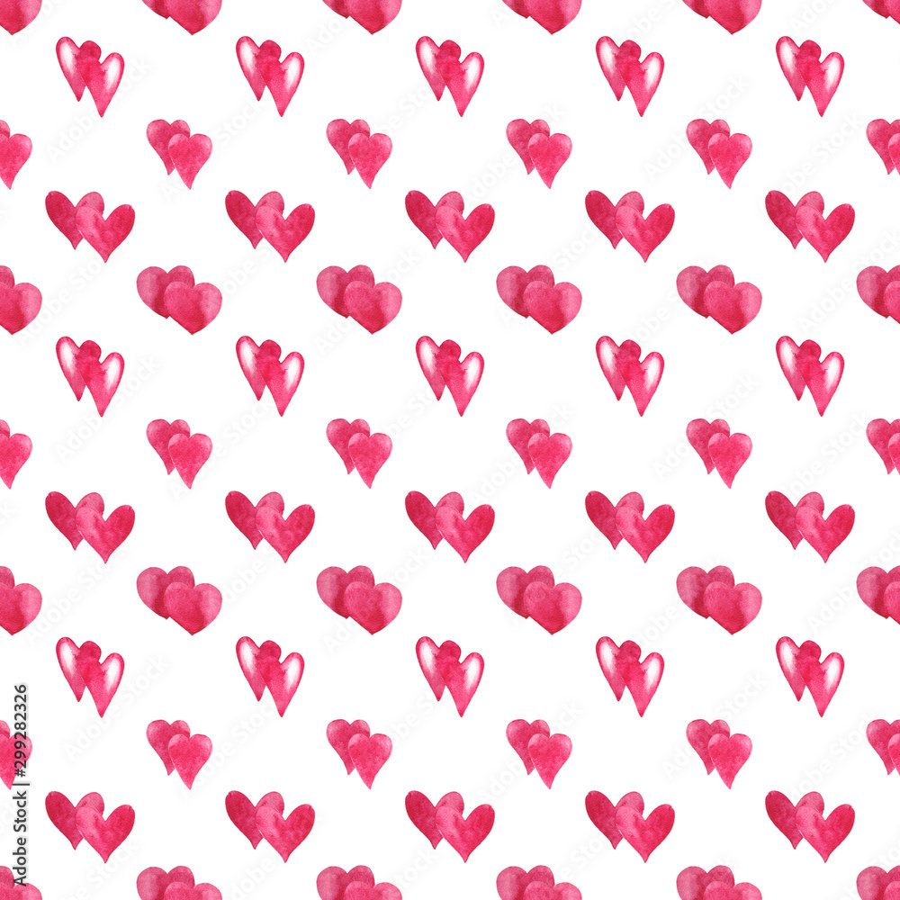 Seamless pattern of decorative red double mini hearts. Simple drawing. Watercolor hand painted elements isolated on white background. 