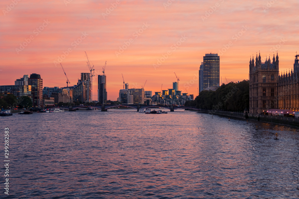 Fototapeta Sunset view of River Thames near Westminster, London, UK