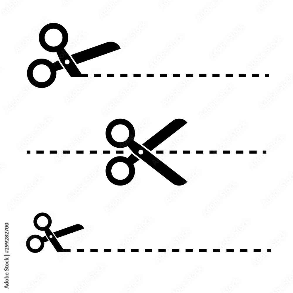 Scissors and dotted or dashed perforation line icon. Cut lines Scissors and dotted or dashed perforation line icon. Cut lines