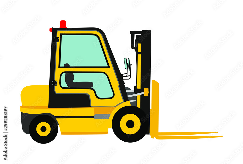 Forklift vector illustration, heavy loader. Cargo from warehouse to truck. Storage equipment racks, pallets with goods. shipping and transportation concept. Lift truck vehicle for construction site.