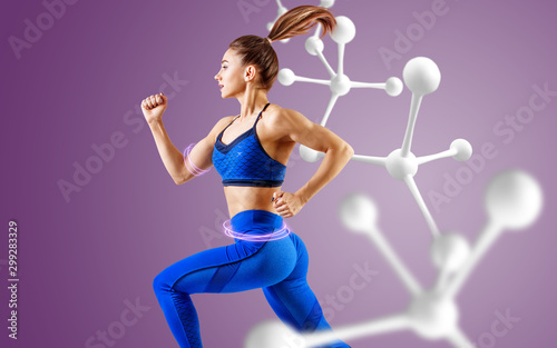 Sporty young woman runing and jumping near molecules.