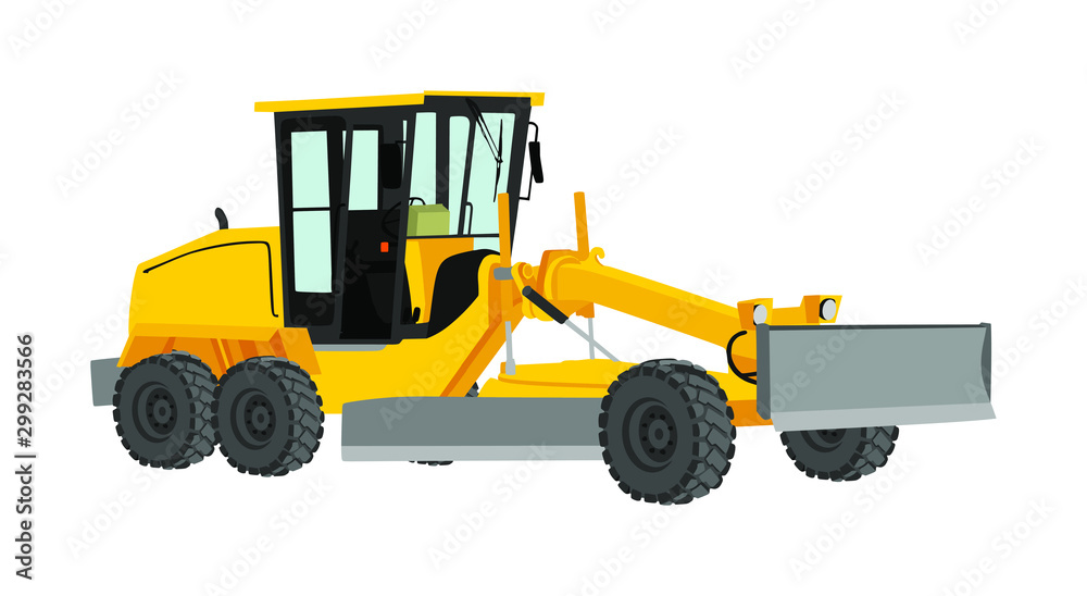Motor grader. Road grader vector illustration isolated on white. Earth moving machine. Leveling ground on construction site. Asphalt bulldozer truck. Motor grader. Road grader vector illustration isolated on white. Earth moving machine. Leveling ground on construction site. Asphalt bulldozer truck.