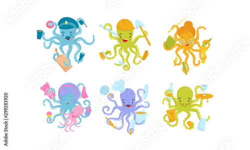 Six Octopuses Engaging in Different Occupations Holding Different Objects and Doing Many Things