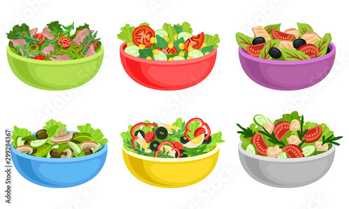 Fruit and Vegetable Salad Served in Bowls Vector Set