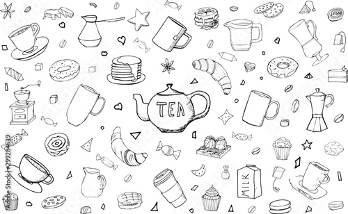 Vector background with tea  coffee  pastries and sweets. Useful for packaging  menu design and cafe interior decoration. Hand drawn doodles. Breakfast and lunch elements on a white background.