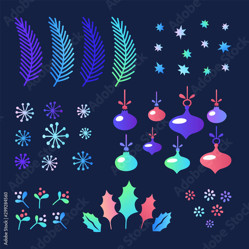 Set of Christmas elements for design, fir branches, leaves, snowflakes, balls...