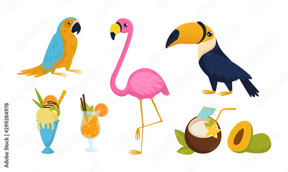 Obraz premium Tropical Countries Exotic Symbols Vector Set. Jungle Concept