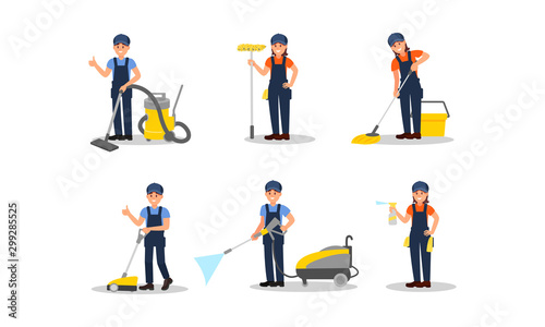 Cleaners Executing Their Work Duties Vector Illustrations Set