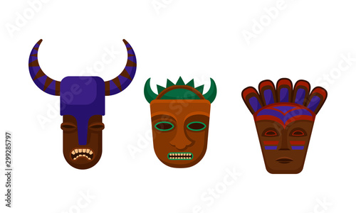 African Ethnic Tribal Masks Vector Set On White Background