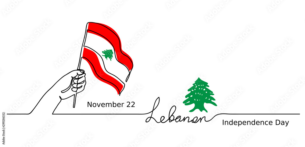 Fototapeta premium Beirut simple web banner, background. Lebanon, Lebanese Independence Day vector background. One line drawing concept with hand, flag, cedar tree.