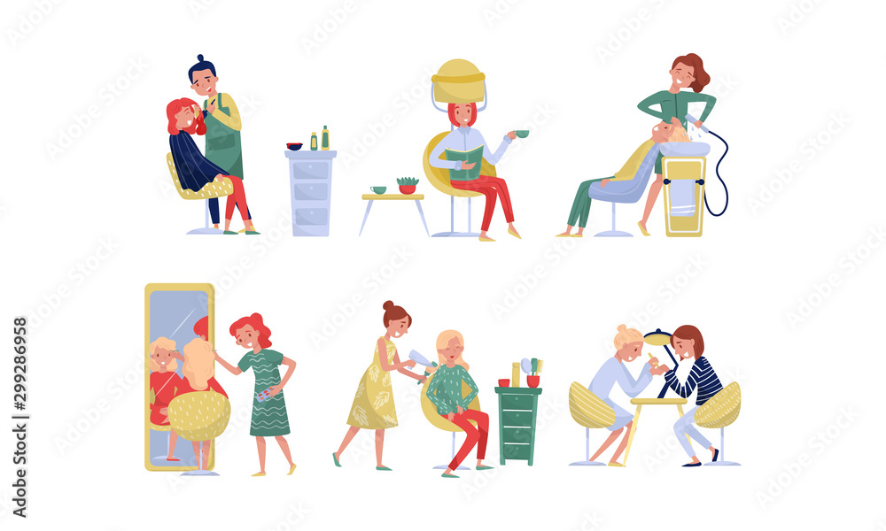 People Characters in Beauty Salon Enjoying Procedures Vector Illustrations