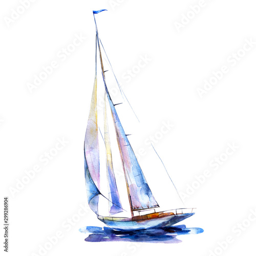 Leinwand Poster Watercolor illustration, hand drawn painted sailboat isolated object on white background