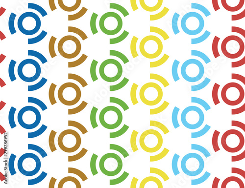 Vector seamless geometric pattern. Shaped red, blue, brown, green, yellow squares and lines, white background.