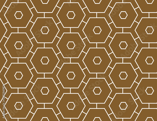 Vector seamless geometric pattern. Shaped white hexagons and lines, brown background.