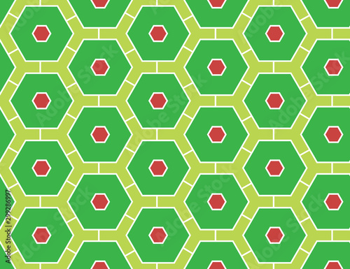 Vector seamless geometric pattern. Shaped white, green and red hexagons, lines.