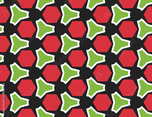 Vector seamless geometric pattern. In red, white and green colors, black background.