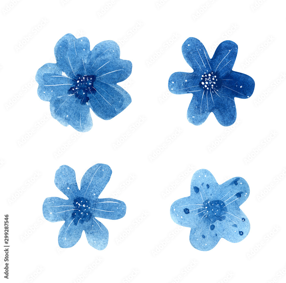Set of blue watercolor flowers isolated on white background. Set of blue watercolor flowers isolated on white background.