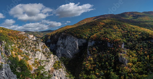 Panoramic view of Crimea mountain valley in a sunset light.