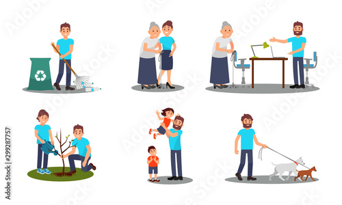 People Characters Working as Volunteers Vector Illustrations Set