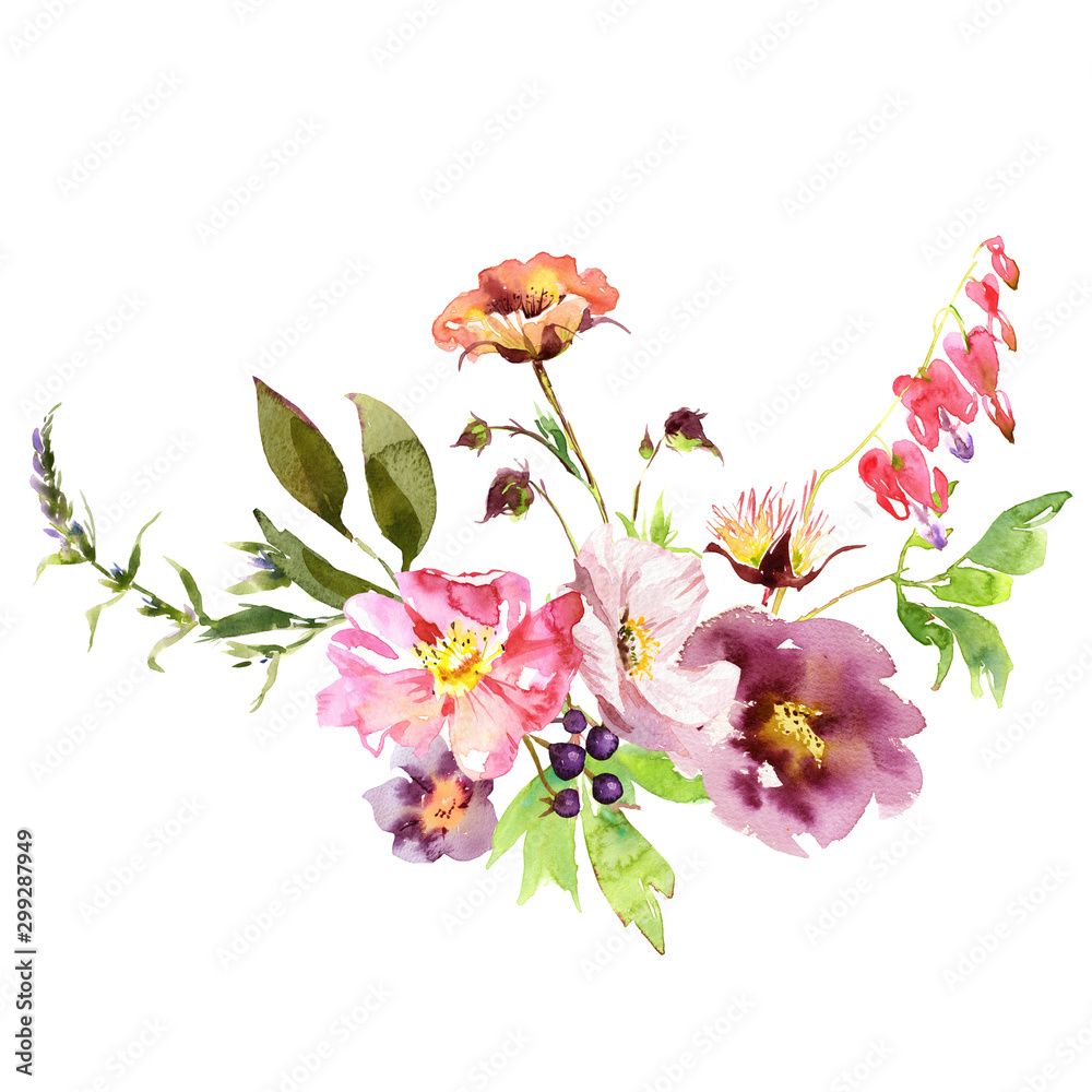 Wedding bridal romanric rustic warm bouquet. Hand drawing watercolor pink and purple and orange flowers ornament