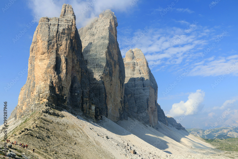 Beautiful view of the Three peaks of Lavaredo from Forcella Lavaredo