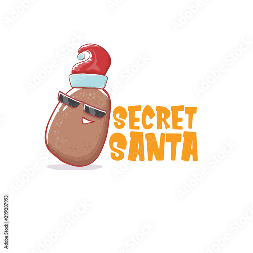 Secret santa claus label with funky brown cute little kawaii santa claus potato cartoon characters with red santa hat isolated on white background. Secret santa party label or logo