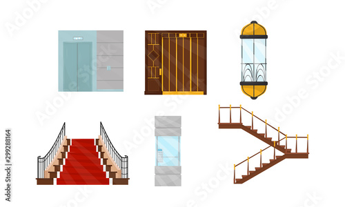 Elevators and Stairs in Different Styles Vector Illustrated Set