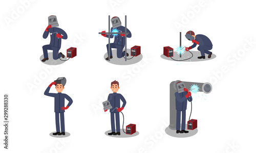 Welder Character Working With Welding Equipment Vector Illustrations