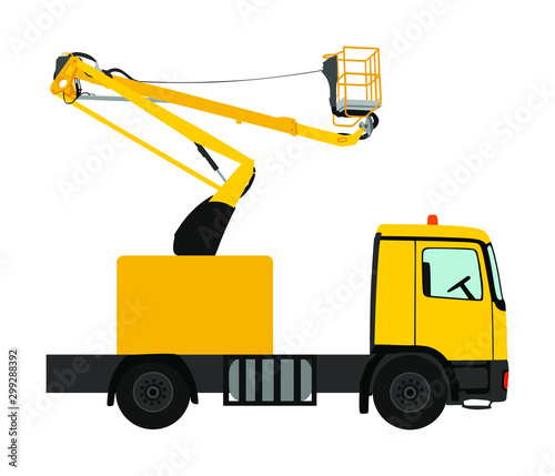 Bucket truck vector illustration isolated on white background. Aerial work bucket vehicle. Service urban vehicle for electrician worker repair or reinstall traffic lights. Car crane industry equipment