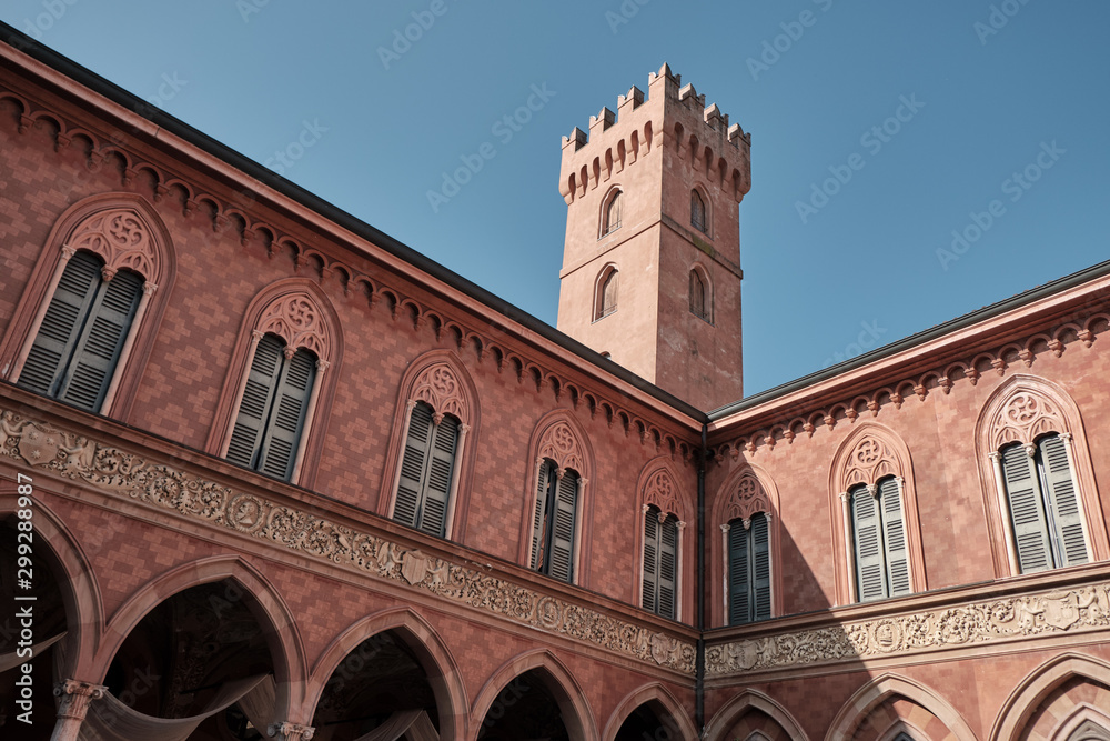 historic courtyard and tower of Trecchi palace Cremona (Lombardy, Italy