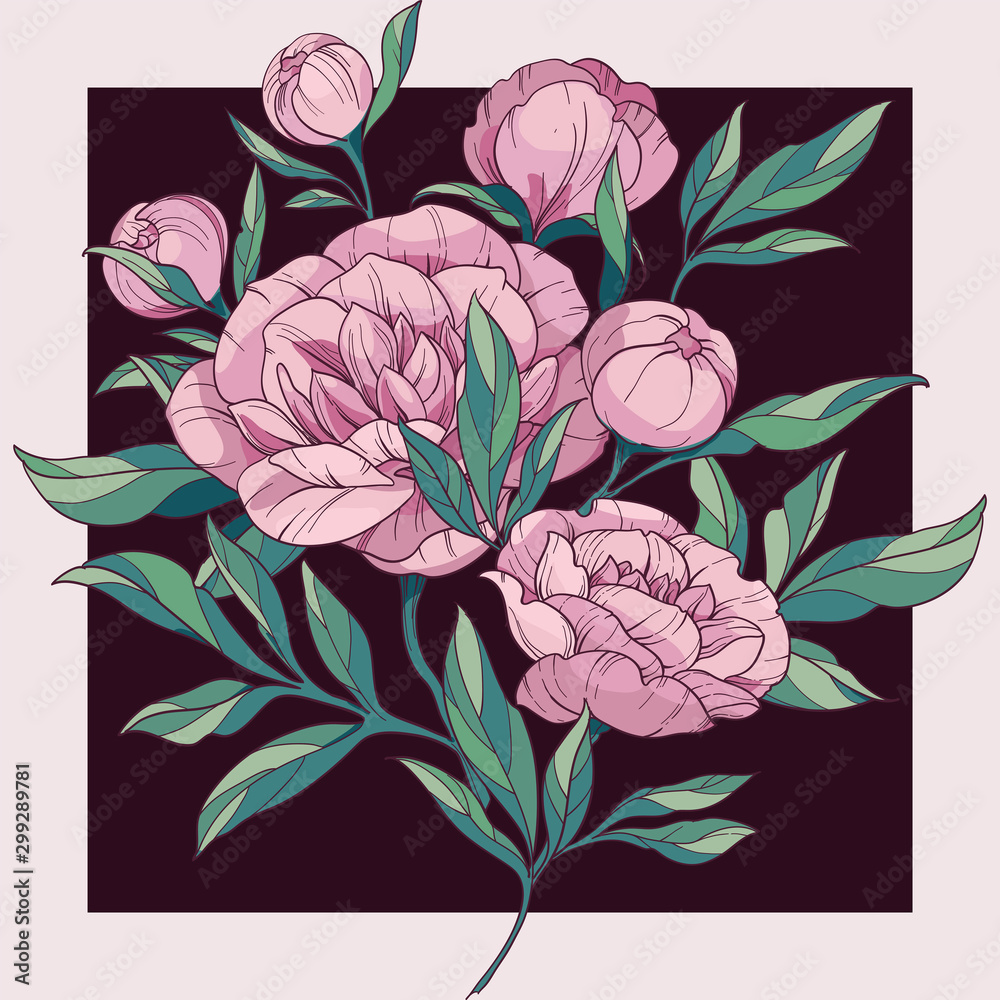 Vector illustration of a square frame and a bouquet of pink peonies. Hand drawing sketch lines of flowers and leaves.