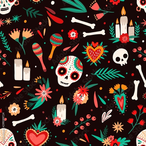 Day of dead seamless pattern. Decorated sugar skulls, maraca shakers, flowers...