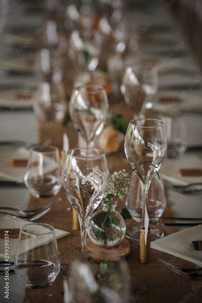 Outdoor catering dinner at the wedding with homemade garnishes decoration Outdoor catering dinner at the wedding with homemade garnishes decoration