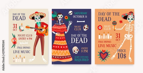 Day of dead party posters templates set. Katrina symbol in national costume. Cartoon human skeletons with sombrero, guitar and maraca shakers. Traditional festival. Mexican carnival invitation cards.