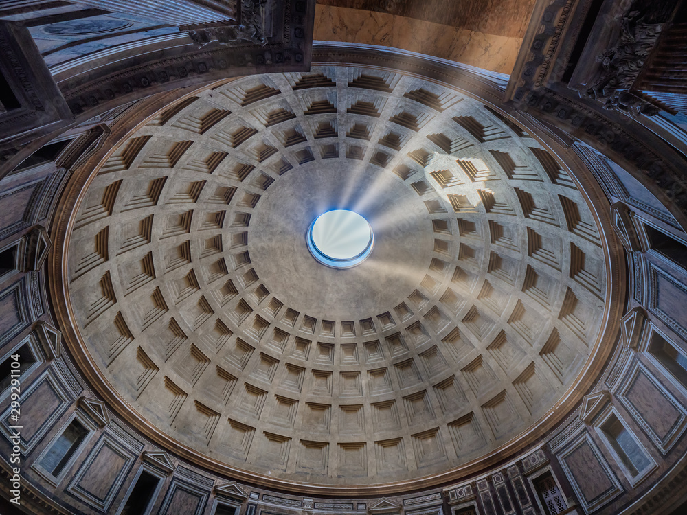 Pantheon roof in Rome with sunrays, Italy