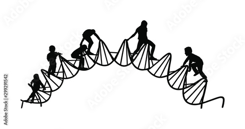 Children playing at playground climber toy in entertainment park vector silhouette. Outdoor activity, friends play fun. Kids climbers. Boys and girls enjoying after school. Active birthday celebration