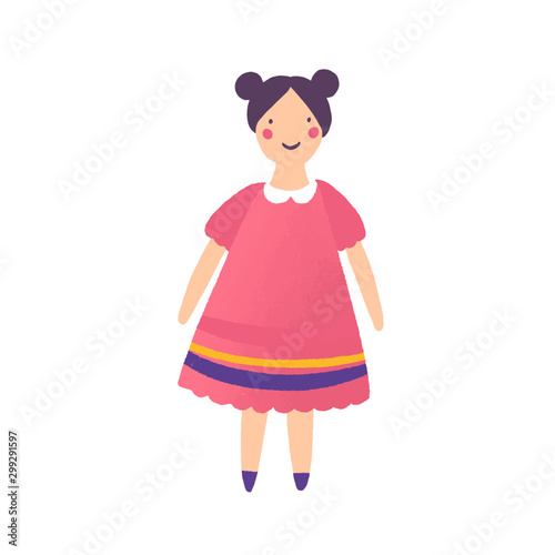 Beautiful doll in red dress flat vector illustration