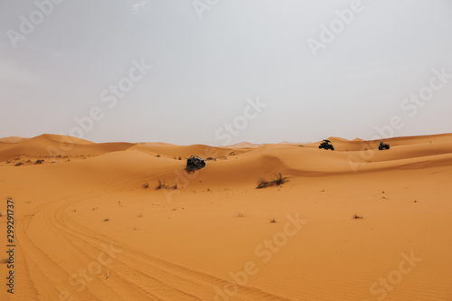 Fototapeta Naklejka Na Ścianę i Meble -  Landscape with off road buggies crossing dunes in the desert. Rally raid adventure.