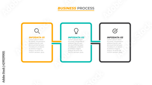 Business process infographic design label with marketing icons and 3 options, steps, rectangle concept. Vector template elements.