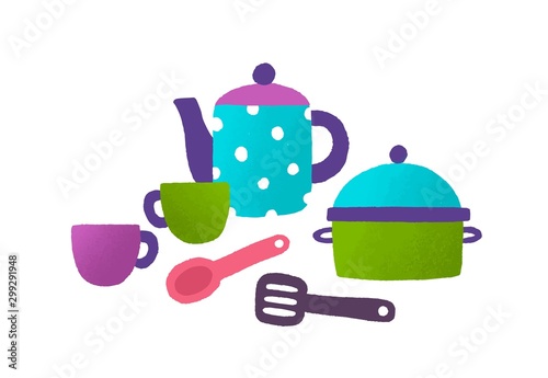 Children toy tableware flat vector illustration. Plastic pot, cups, teapot is...