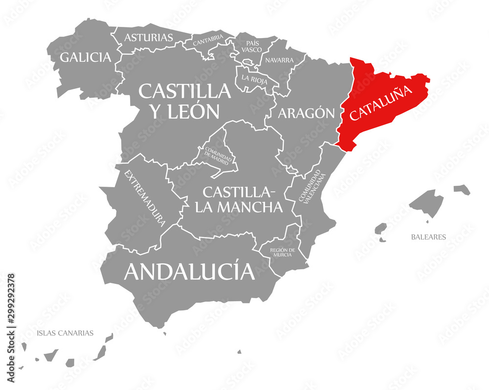 Cataluna red highlighted in map of Spain