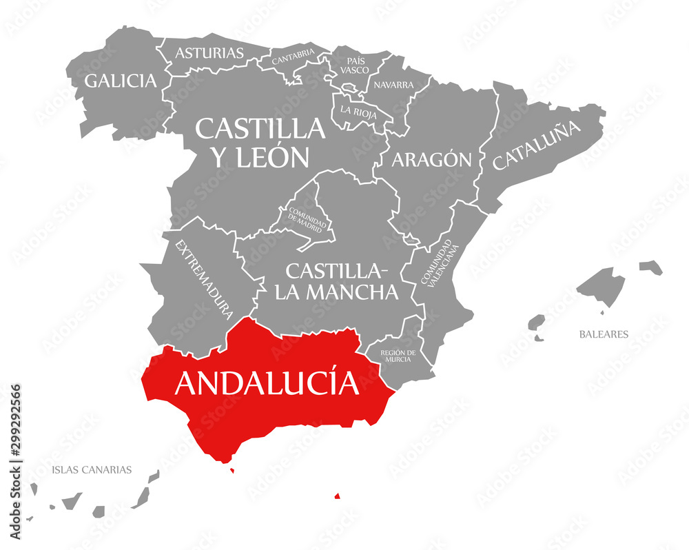 Andalucia red highlighted in map of Spain
