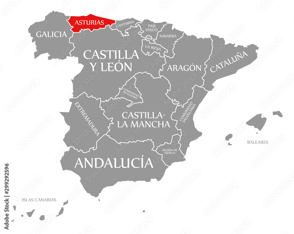 Asturias red highlighted in map of Spain